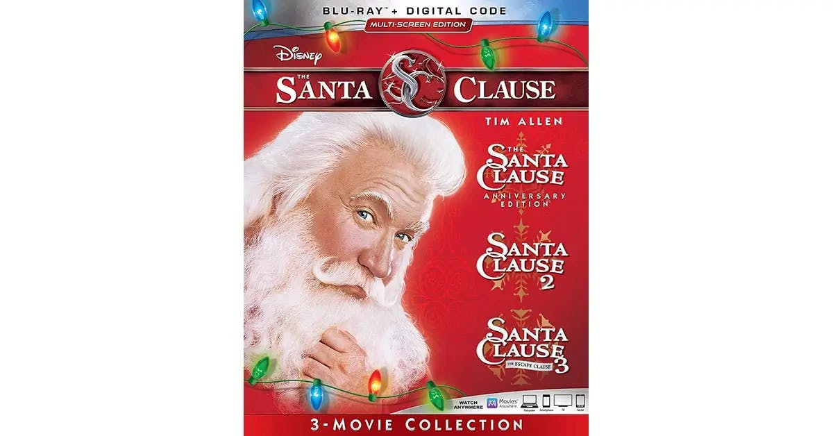 Box art for a Blu-ray containing all three “Santa Clause” movies.