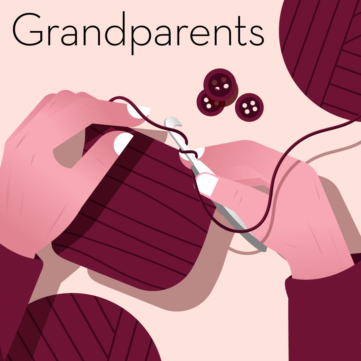 Illustration on a guide showing gifts for grandparents. Two hands are knitting, with buttons on the table.