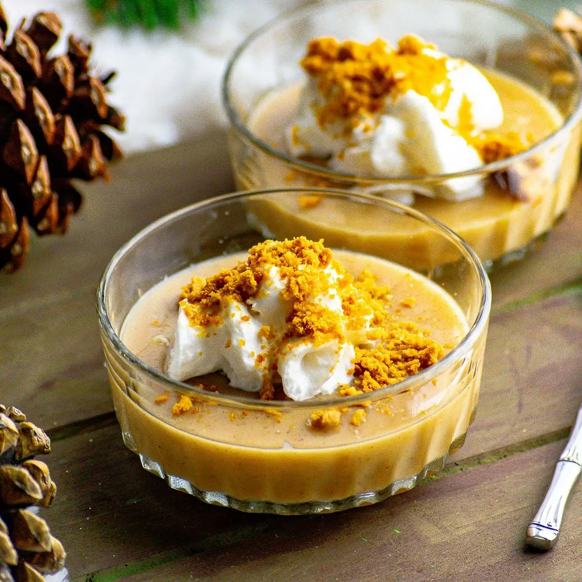 Homemade vegan vanilla pudding recipe in glass bowl, topped with crushed gingerbread and whipped cream.